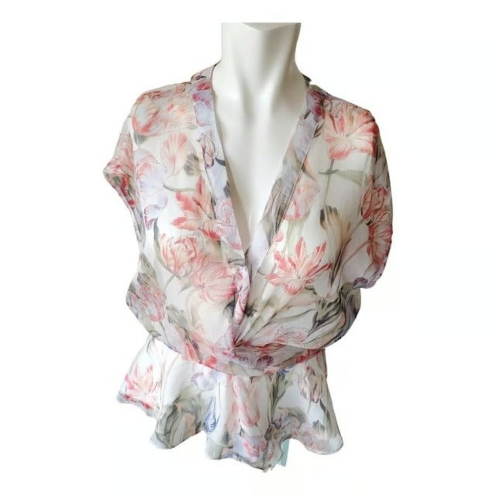 White Closet Boho Floral Chiffon Peplum Keyhole Blouse S